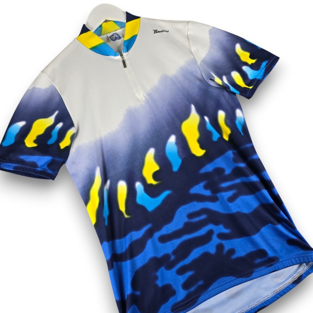 Santini SMS Cycling Jersey Mens XL Blue Yellow Abstract Print S/S 1/4 Zip Italy